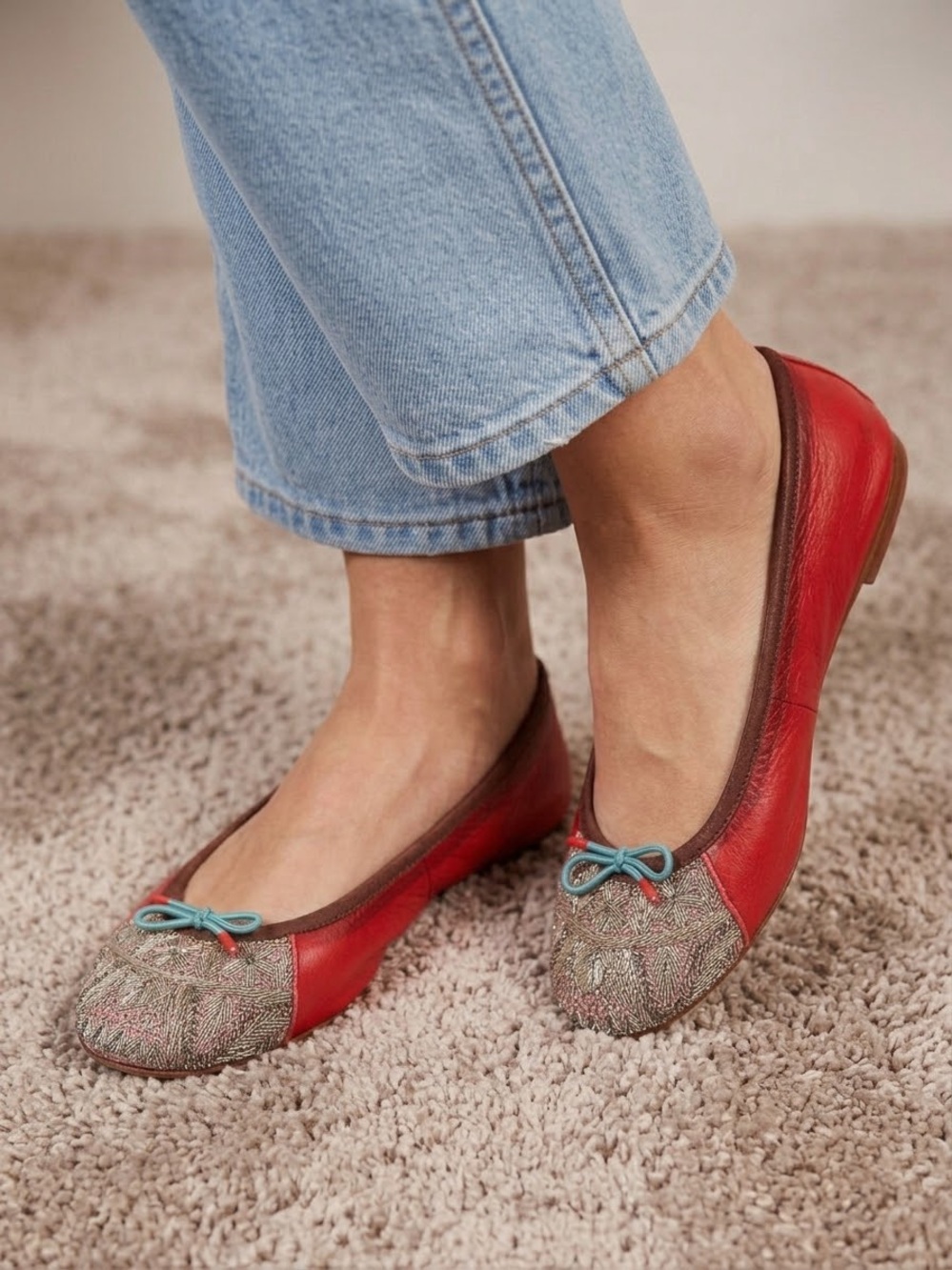 Mejer Kakalia Red Leather Ballet Flats with Embroidered Toe and Bow